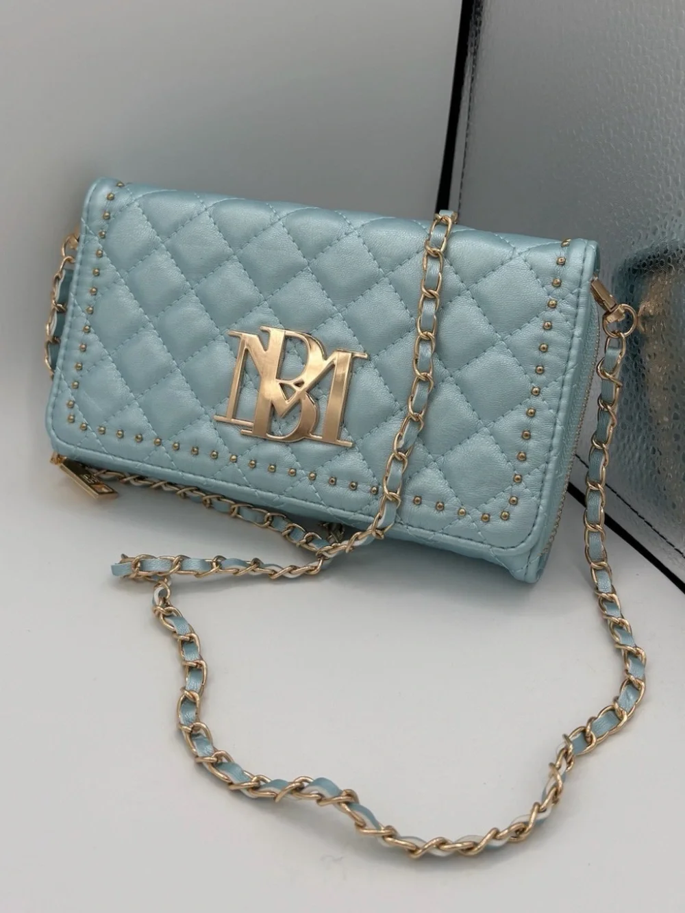 Badgley Mischka Quilted Light Blue Crossbody Wallet with Gold Chain and Logo